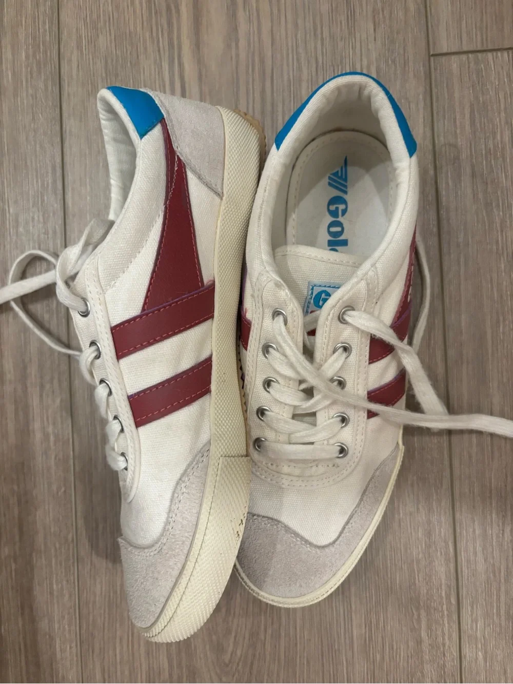 Gola White Sneakers with Burgundy Stripes and Blue Heel Tab